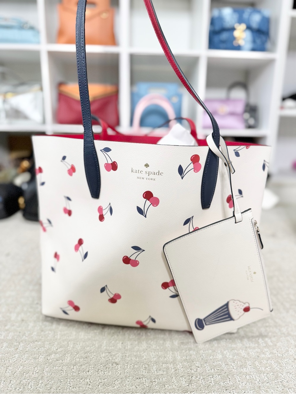 kate spade Cherry Print Tote in Cream with Navy Handles NWOT